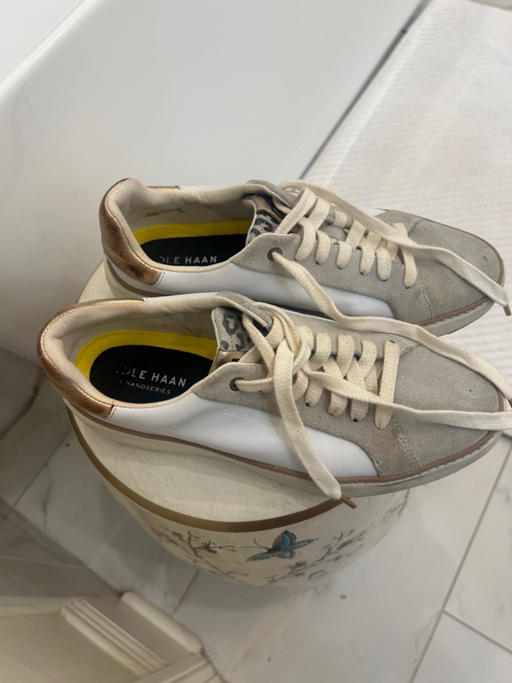 Cole Haan White, Taupe, and Bronze Low-Top Sneakers